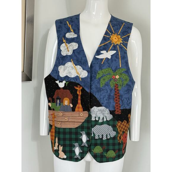 Unbranded Jackets & Blazers - Vintage 90s Handmade Noah’s Ark Patchwork Reversible Vest Women’s Size L Boho